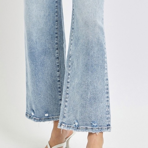 RISEN High-Rise Wide Leg Tummy Control Pants Distressed Cropped Denim Blue Jeans - Picture 13 of 15